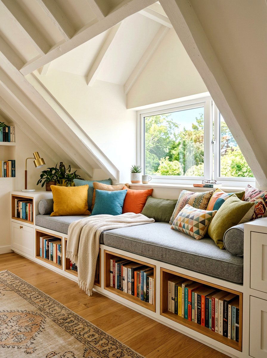 Padded Attic Reading Corner Bench - 30 attic reading corner ideas