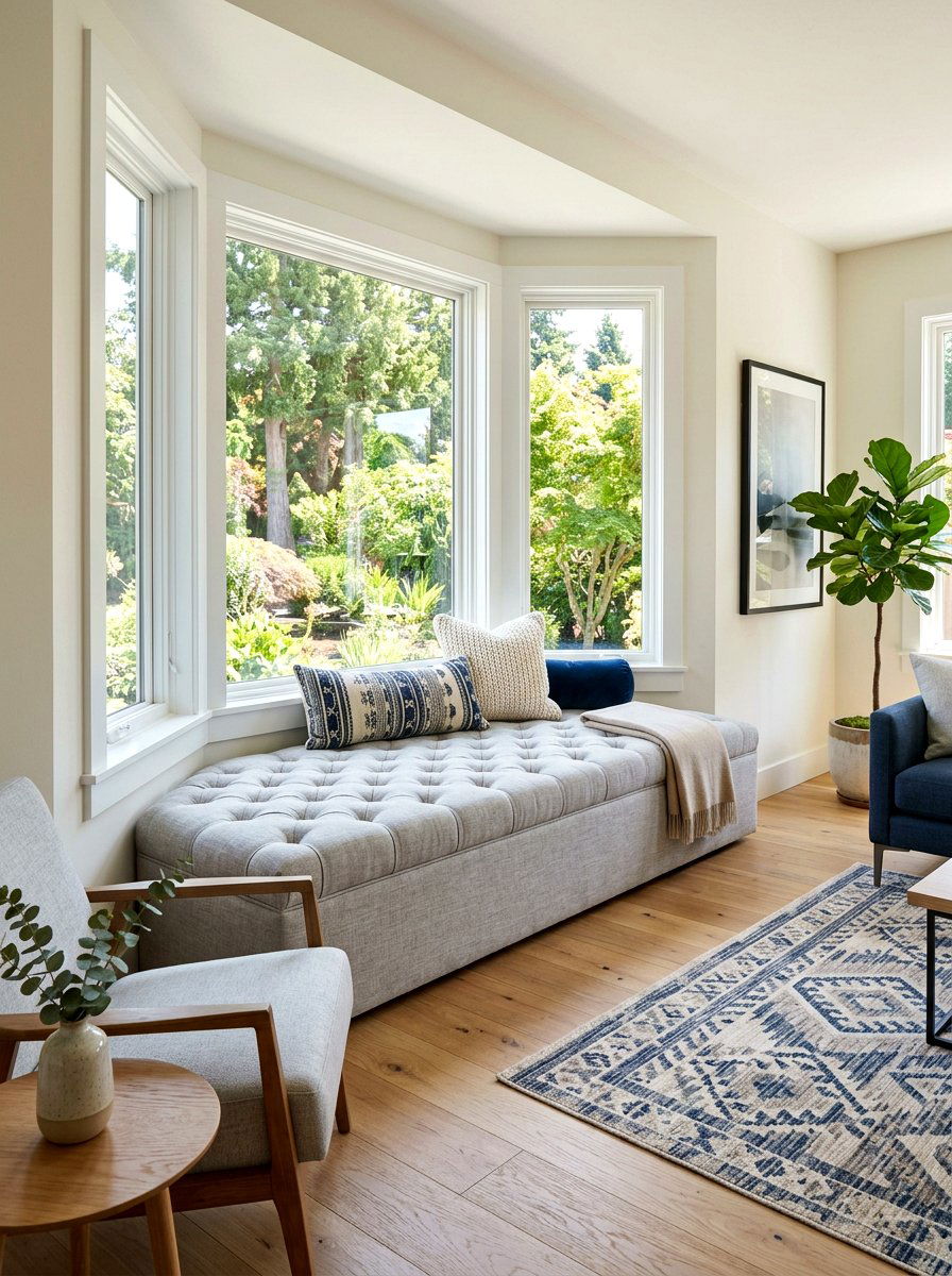 Padded bay window bench - 30 bay window seating living room ideas