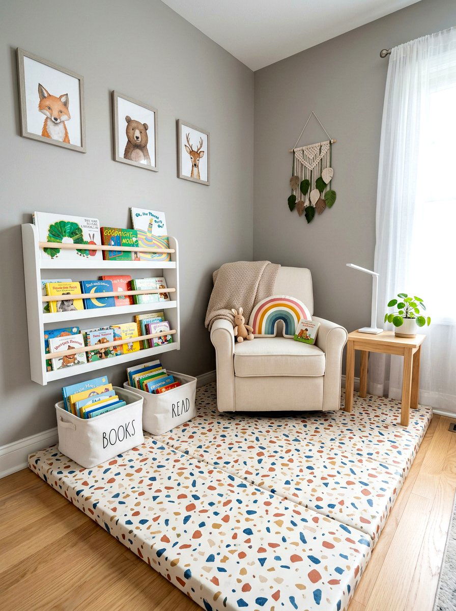 Padded floor mat reading area - 30 nursery reading corner ideas aesthetic