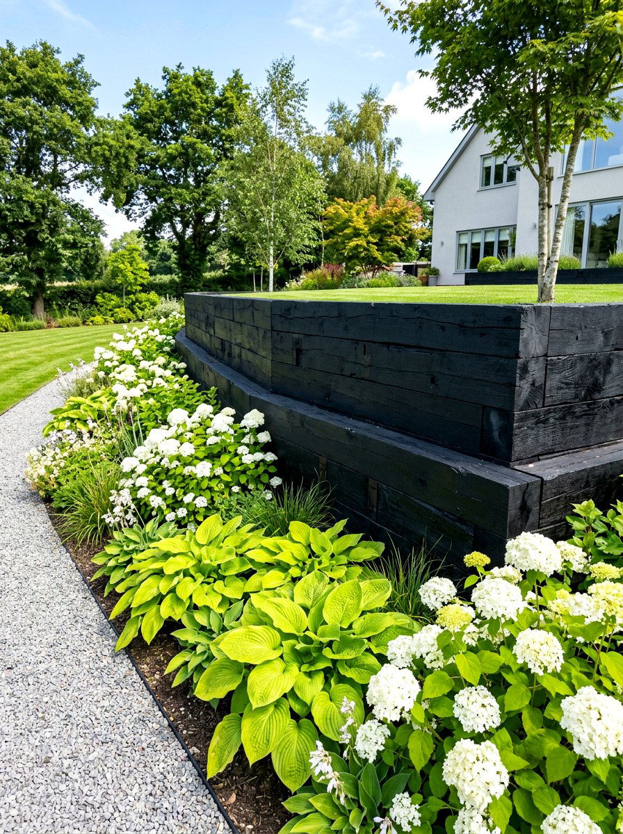 Painted Black Sleeper - 30 timber retaining wall ideas