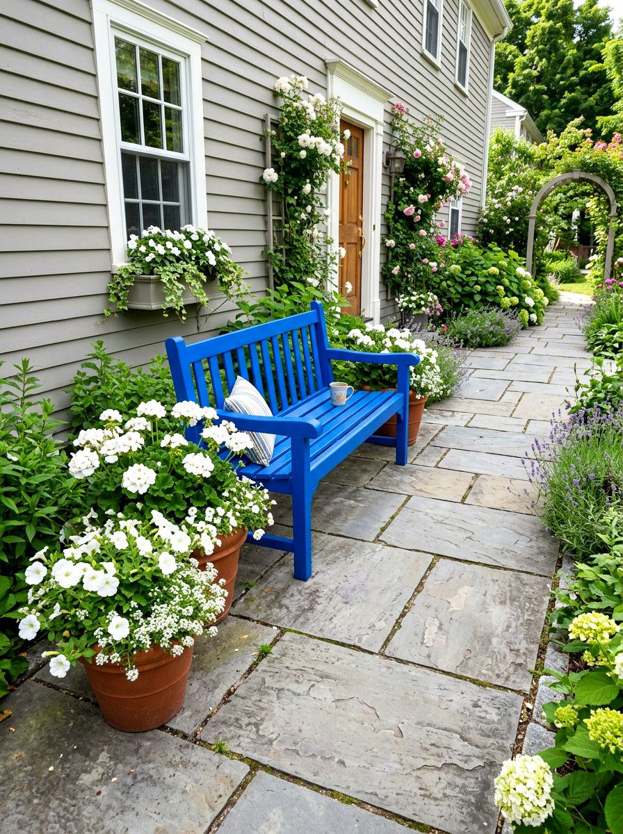 Painted Blue Bench - 30 front yard bench ideas