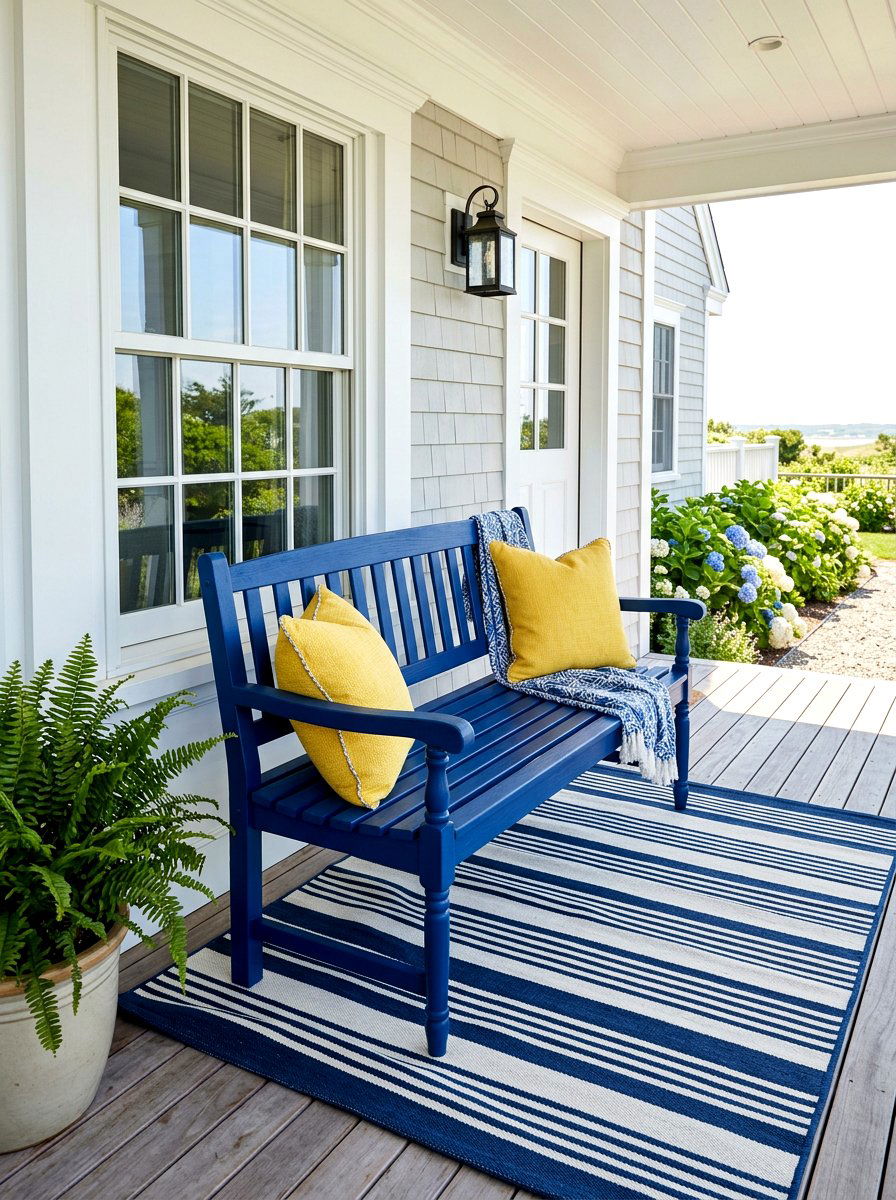 Painted Blue Bench - 30 front porch bench ideas