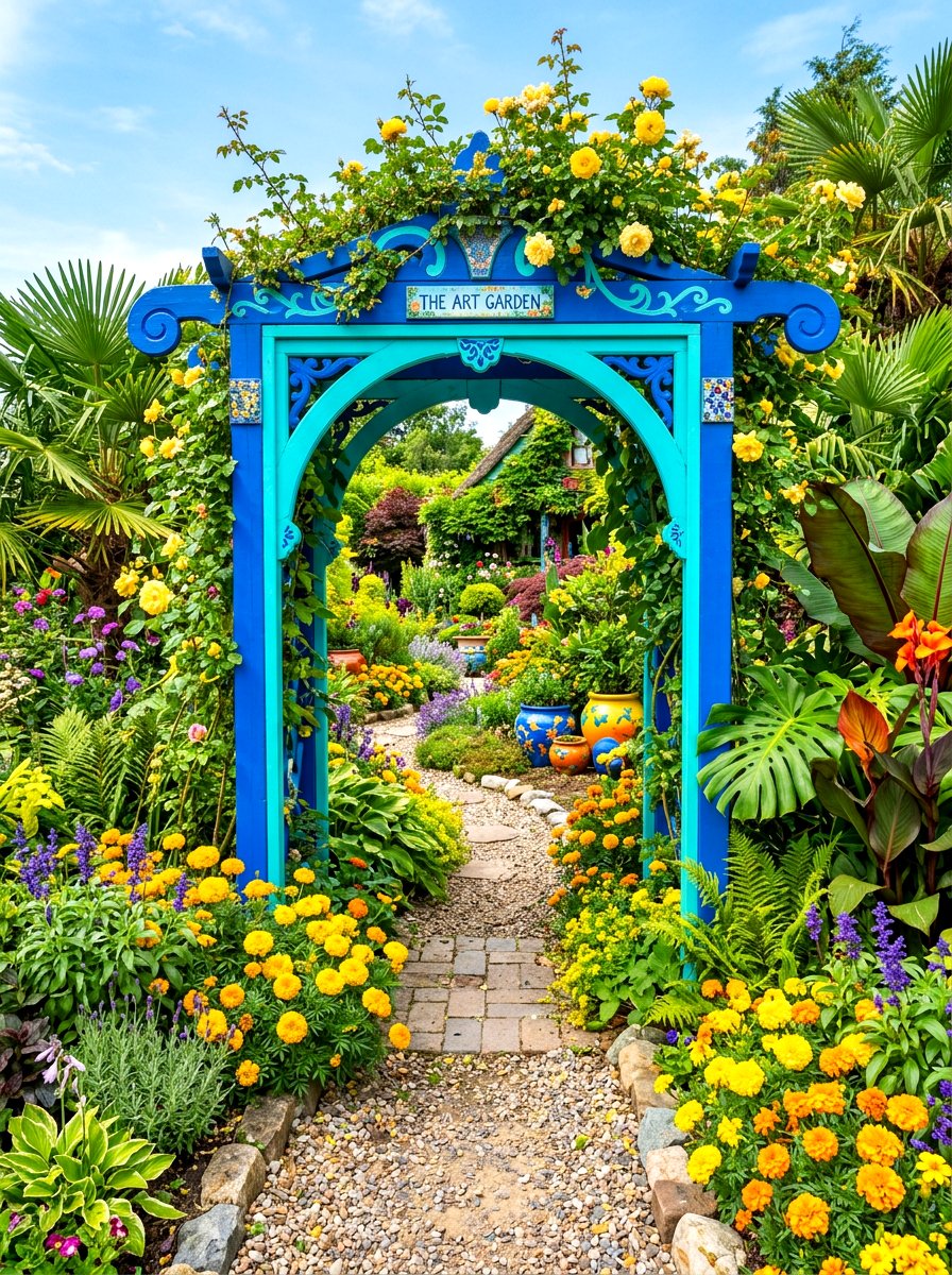Painted Blue Garden Arch - 30 arbor walkway ideas