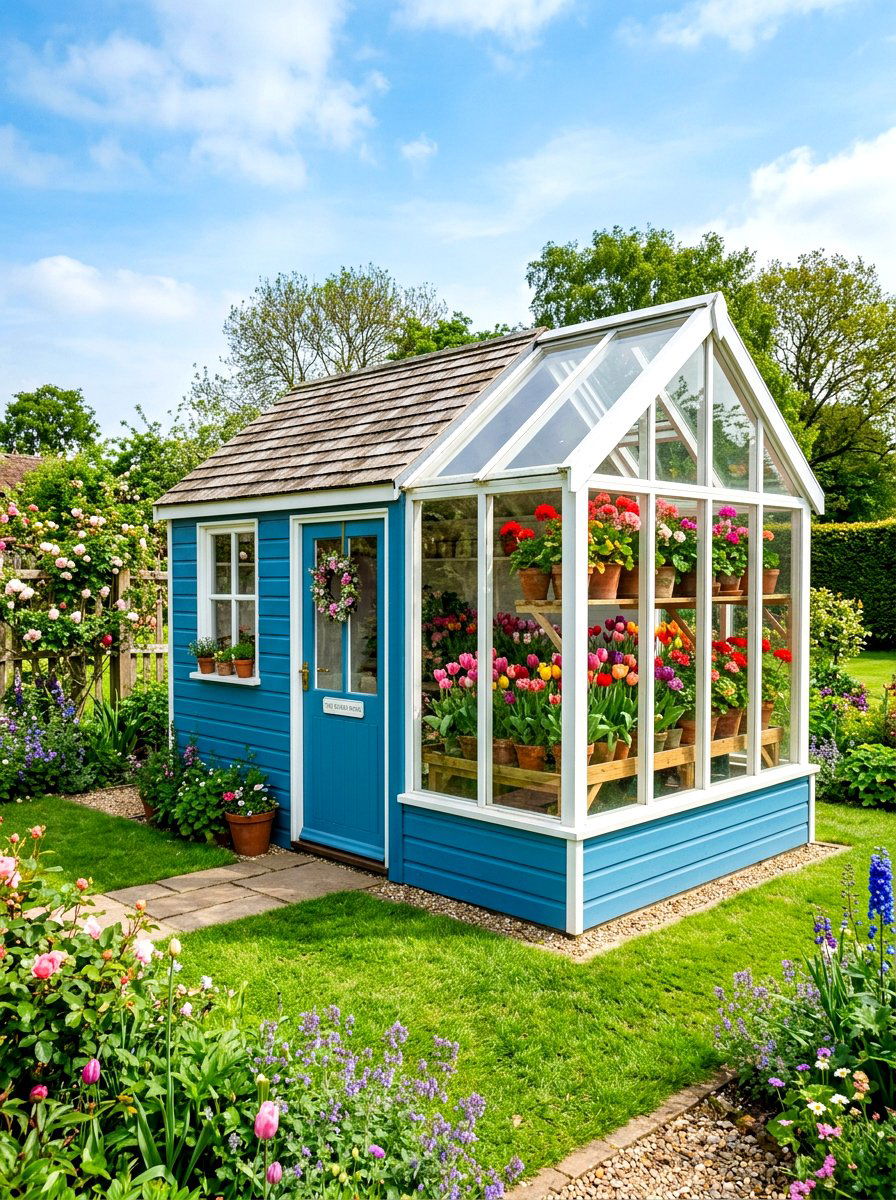 Painted Blue Greenhouse Shed - 30 greenhouse shed combo ideas