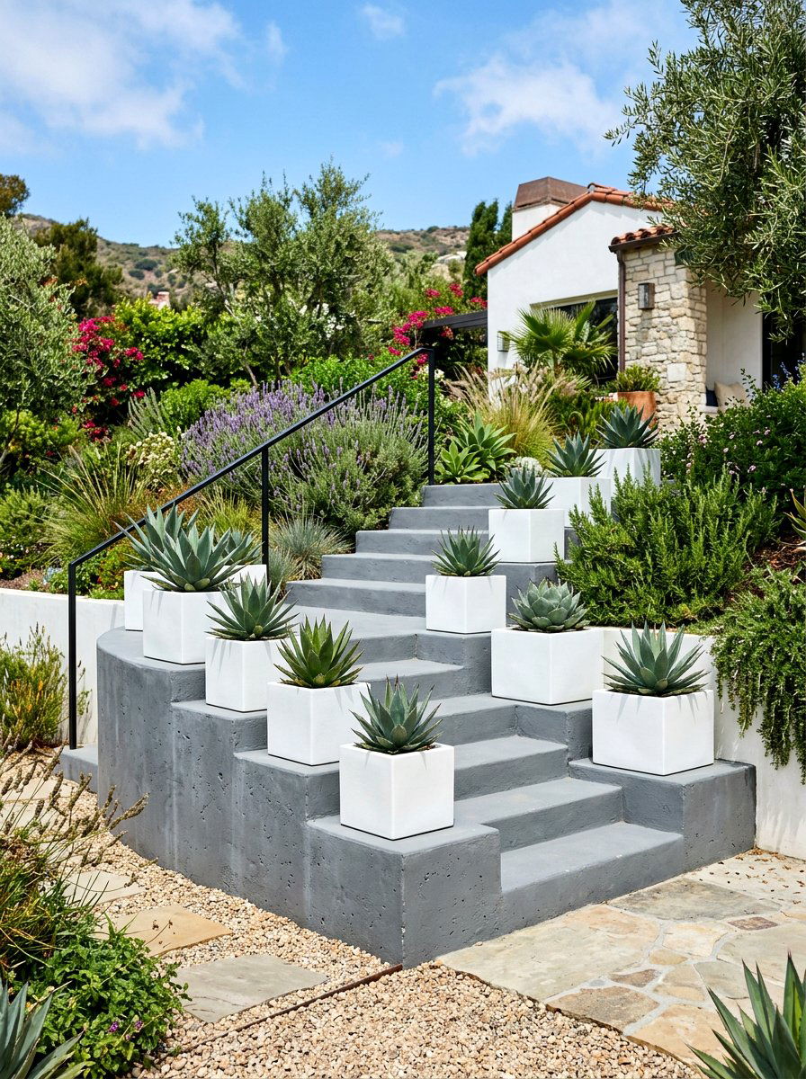 Painted Concrete Step Planter - 30 porch steps flower pot ideas