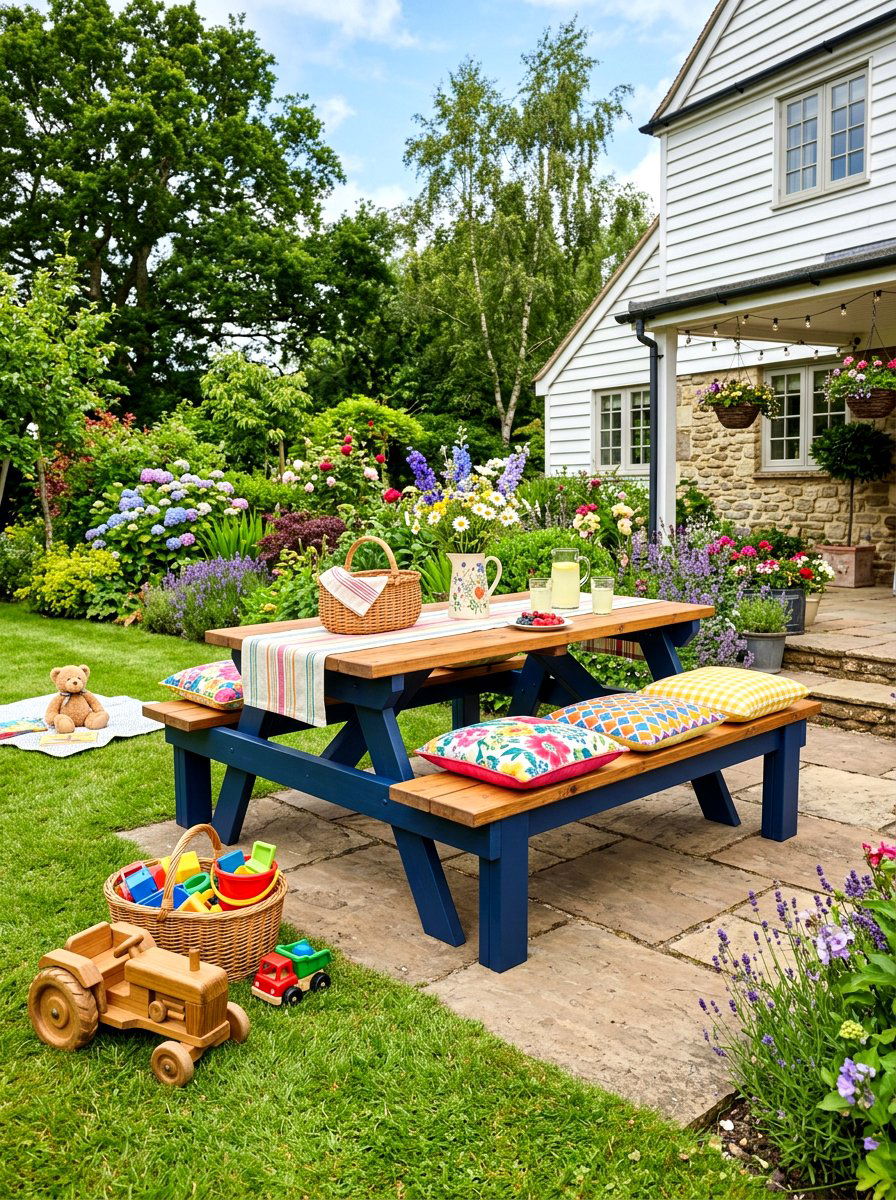 Painted Farmhouse Picnic Bench - 30 farmhouse outdoor table ideas
