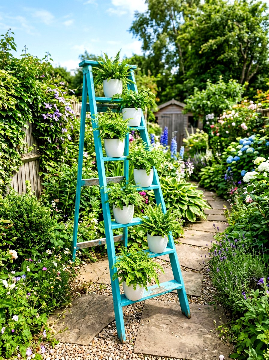 Painted Ladder Garden Accent - 30 repurposed ladder garden ideas