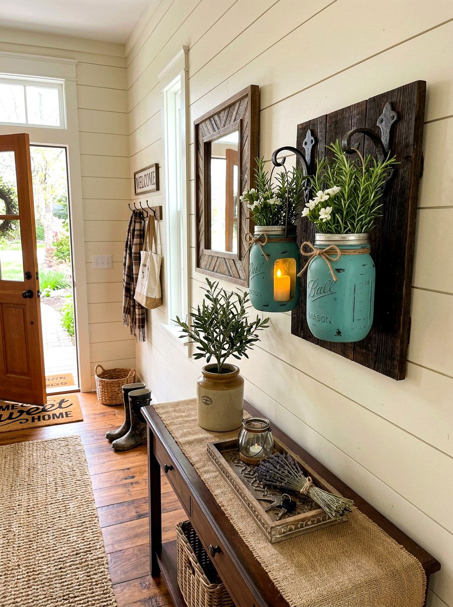 Painted Mason Jar Sconce - 30 wall planter entryway ideas