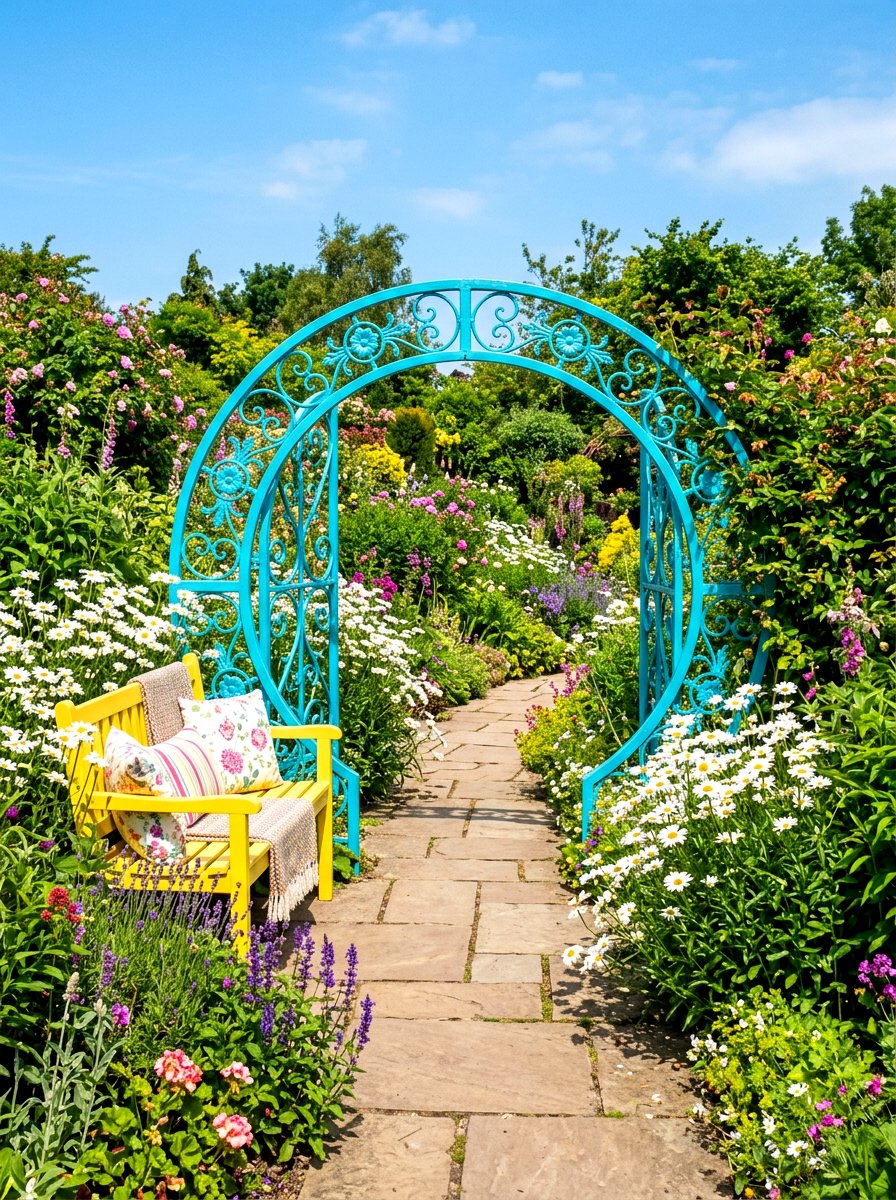 Painted Metal Moon Gate - 30 moon gate garden ideas