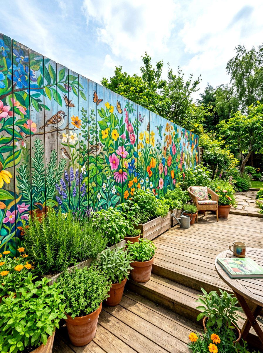 Painted Mural Garden Wall - 30 herb garden fence ideas