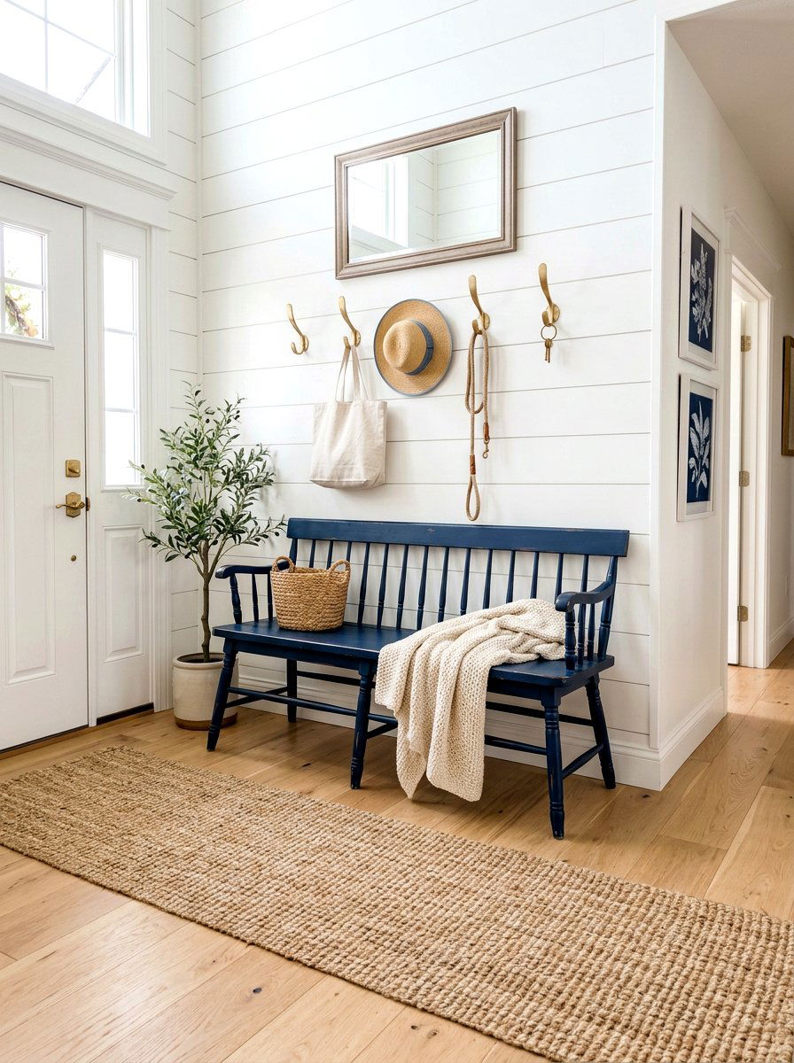 Painted Navy Farmhouse Bench - 30 farmhouse entryway bench ideas