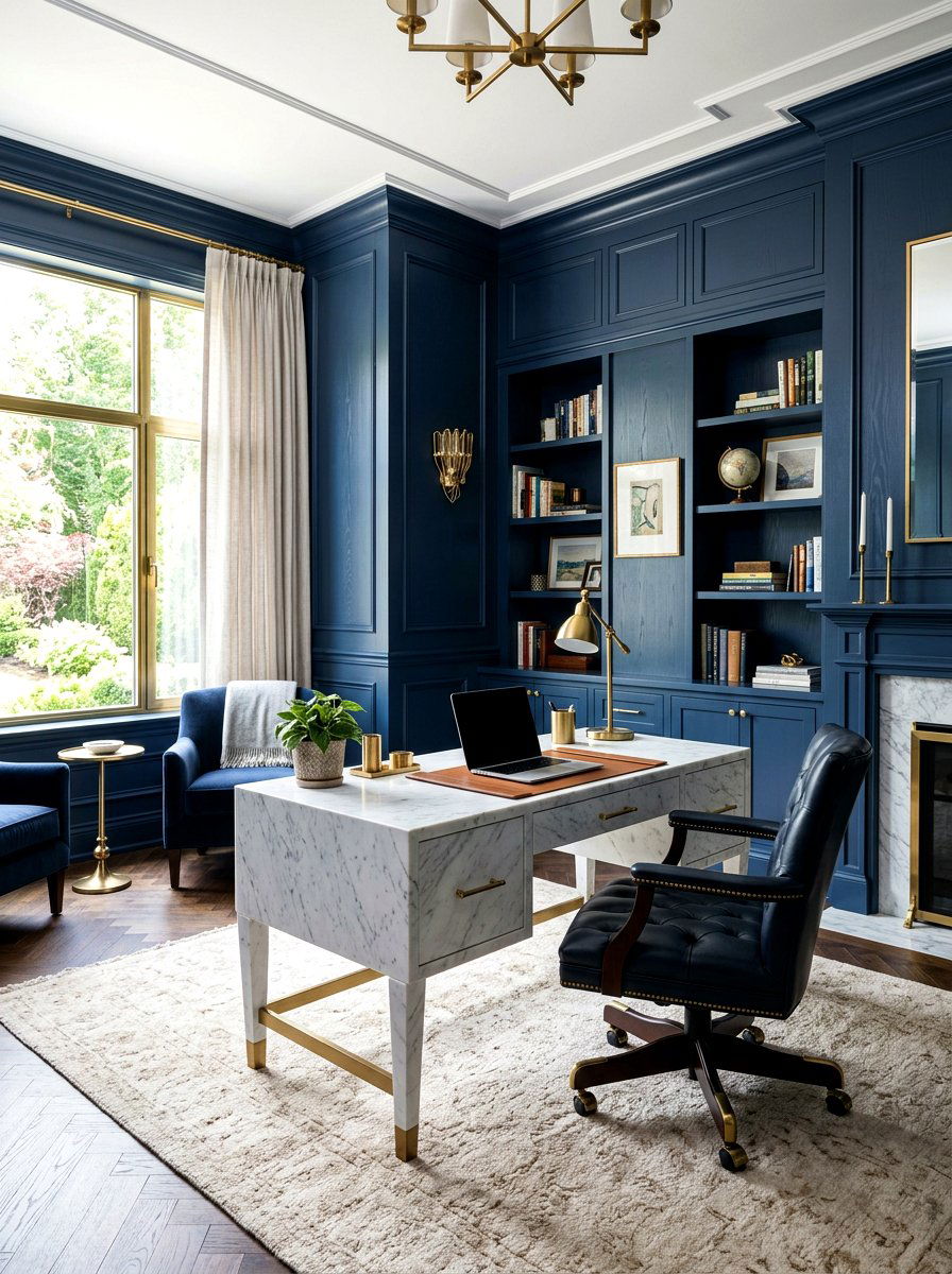 Painted Navy Wood Office - 30 wood paneled office ideas