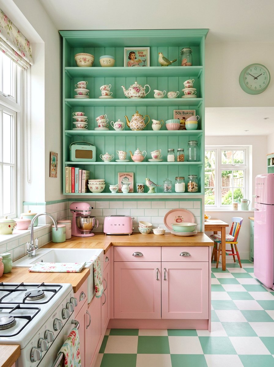 Painted Pastel Kitchen Shelves - 30 vintage kitchen shelf ideas