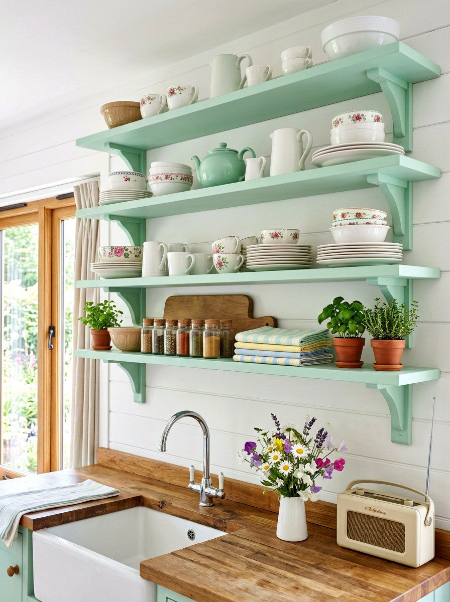 Painted Pastel Kitchen Shelves - 30 open shelving kitchen decor ideas