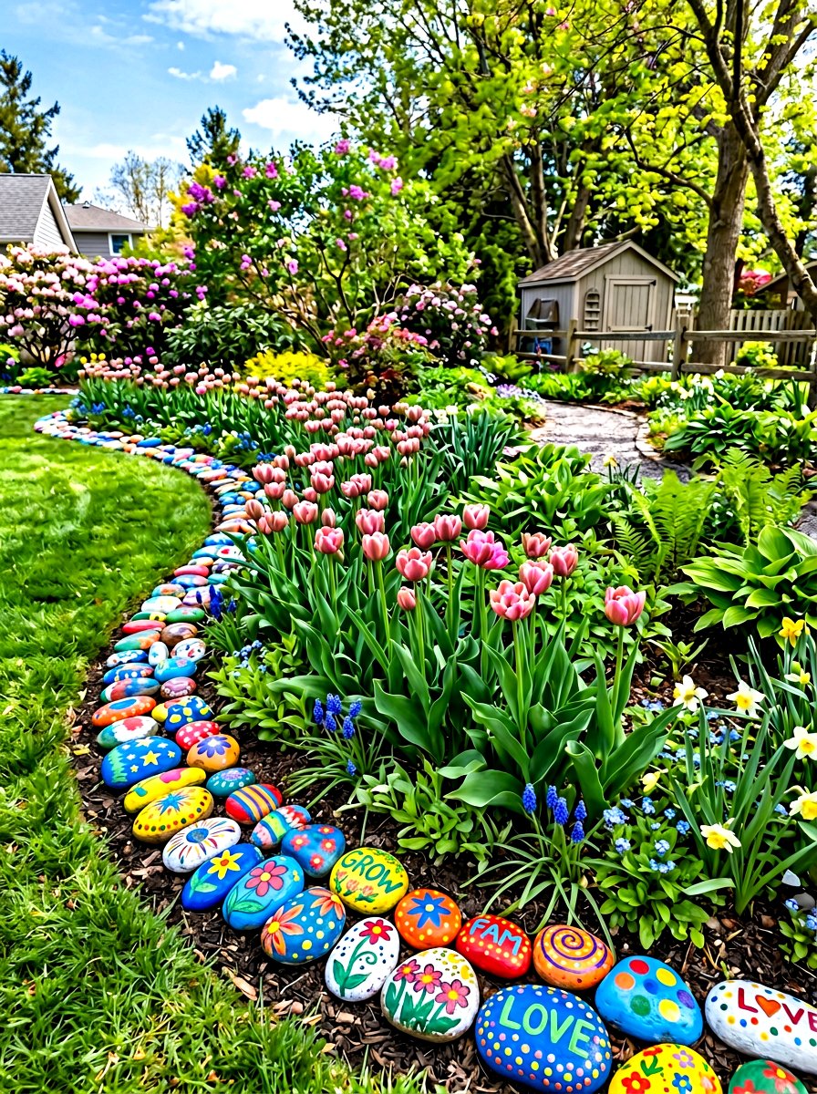 Painted Rock Border - 30 colorful garden decor ideas