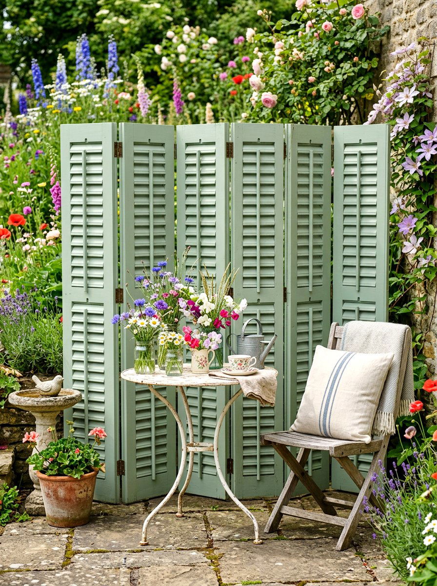 Painted Shutter Privacy Screen - 30 patio corner screen ideas