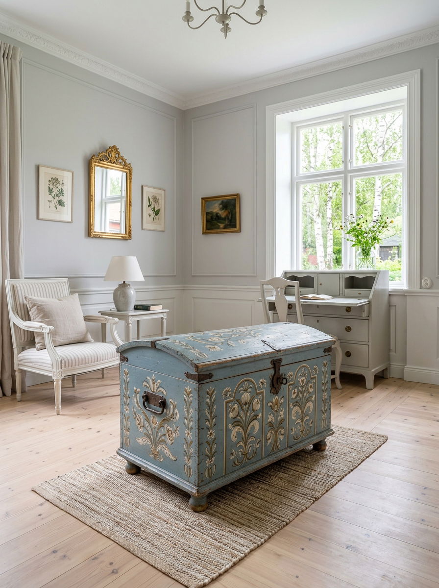 Painted Swedish Trunk - 30 trunk coffee table ideas