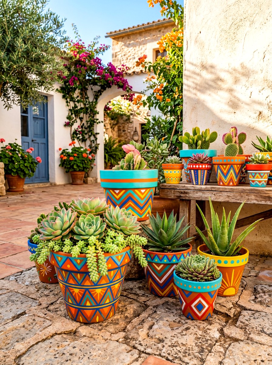 Painted Terracotta Display - 30 succulent planter ideas
