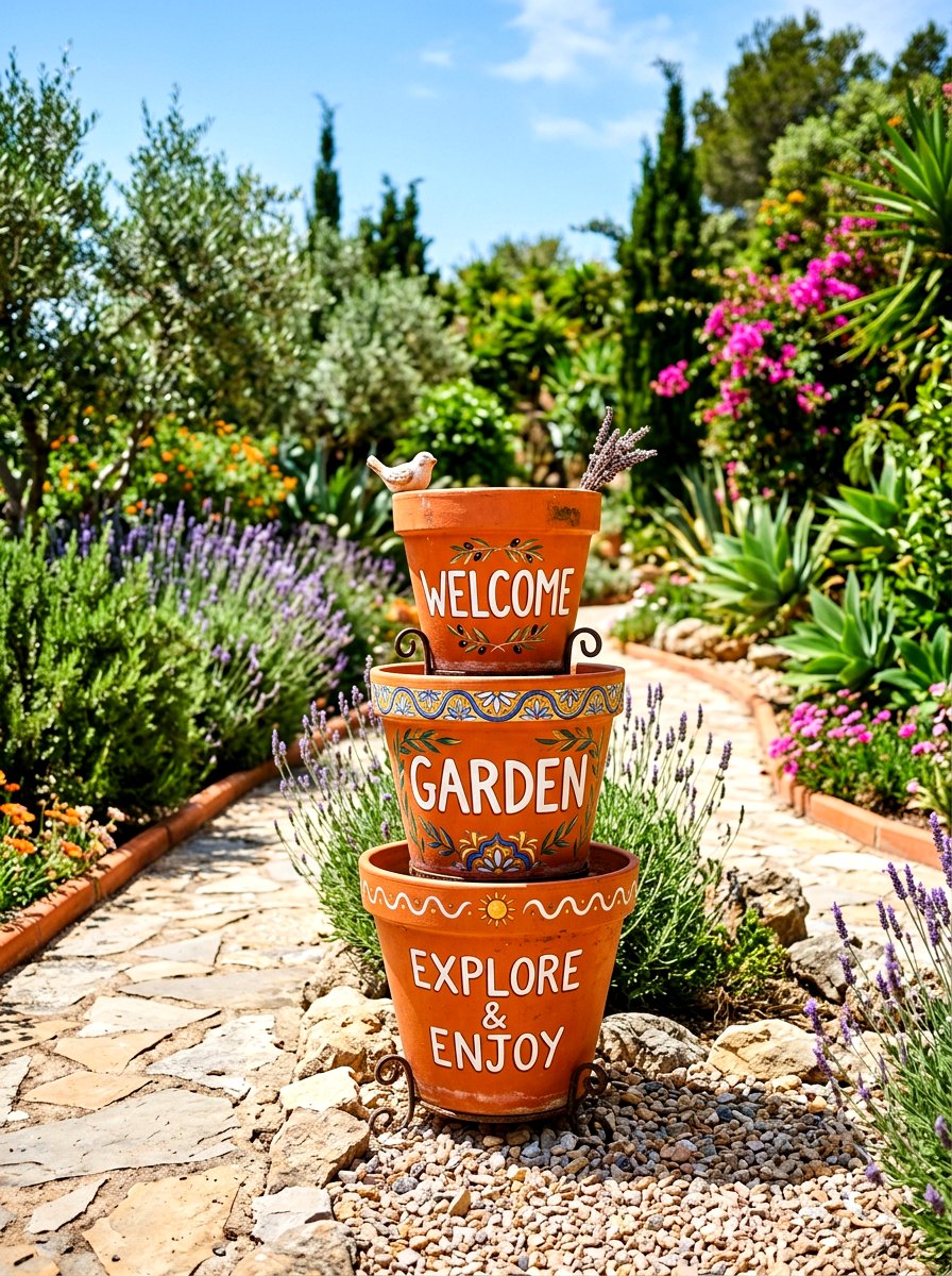 Painted Terracotta Pot Sign - 30 porch welcome sign ideas