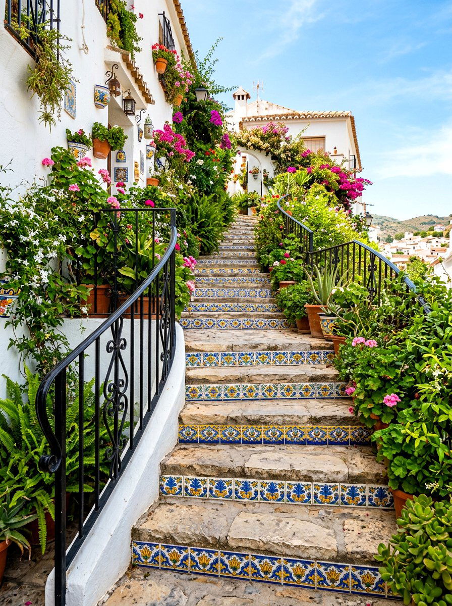 Painted Tile Staircase - 30 Mediterranean house exterior ideas