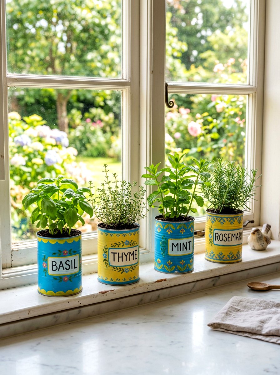 Painted Tin Can Herbs - 30 container vegetable garden ideas