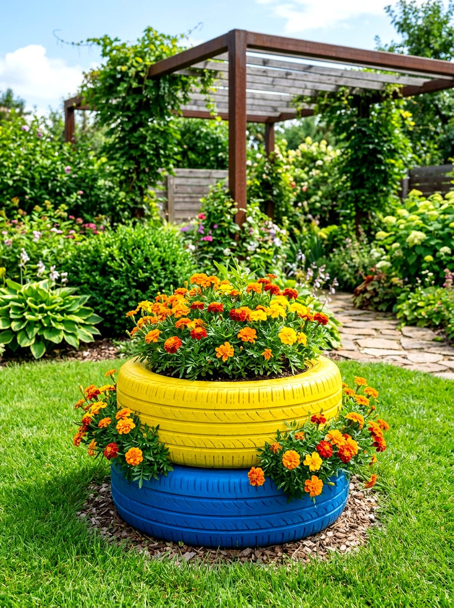 Painted Tire Planter - 30 repurposed garden decor ideas