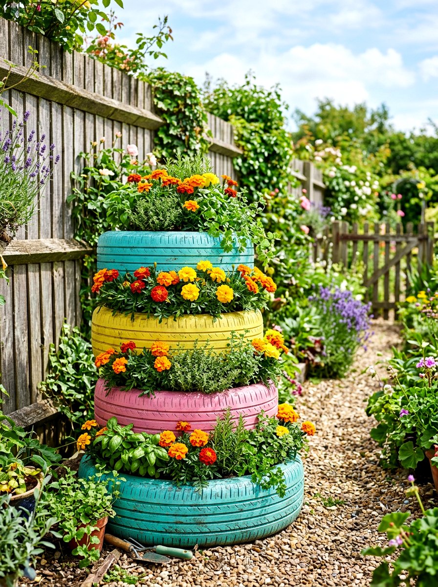 Painted Tire Planters - 30 bohemian backyard ideas