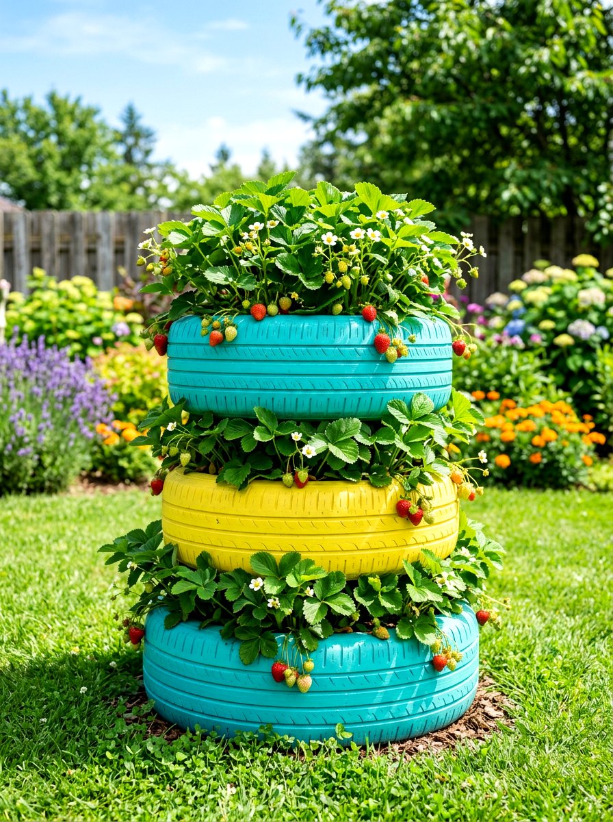 Painted Tire Stacked Planter - 30 strawberry tower ideas