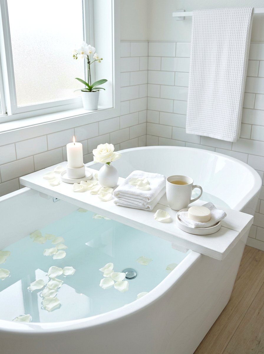 Painted White Bath Board - 30 bath tray spa ideas