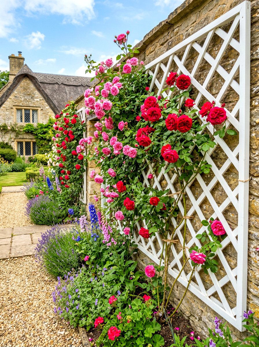 Painted White Lattice - 30 rose trellis wall ideas
