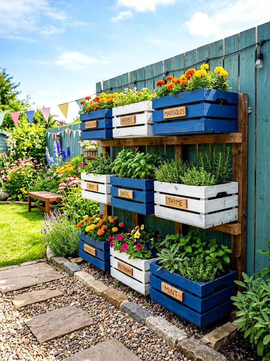 Painted Wood Crate Garden - 30 fence vertical garden ideas