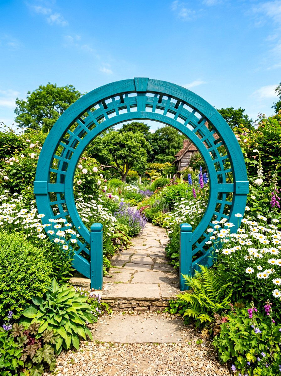 Painted Wood Moon Gate - 30 moon gate backyard ideas