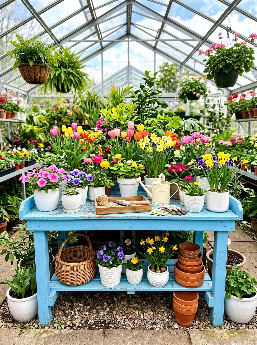 Painted Wood Potting Bench - 30 greenhouse potting bench ideas
