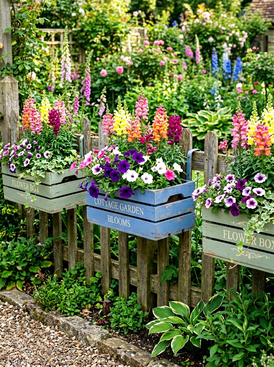 Painted Wooden Crate - 30 fence planter ideas