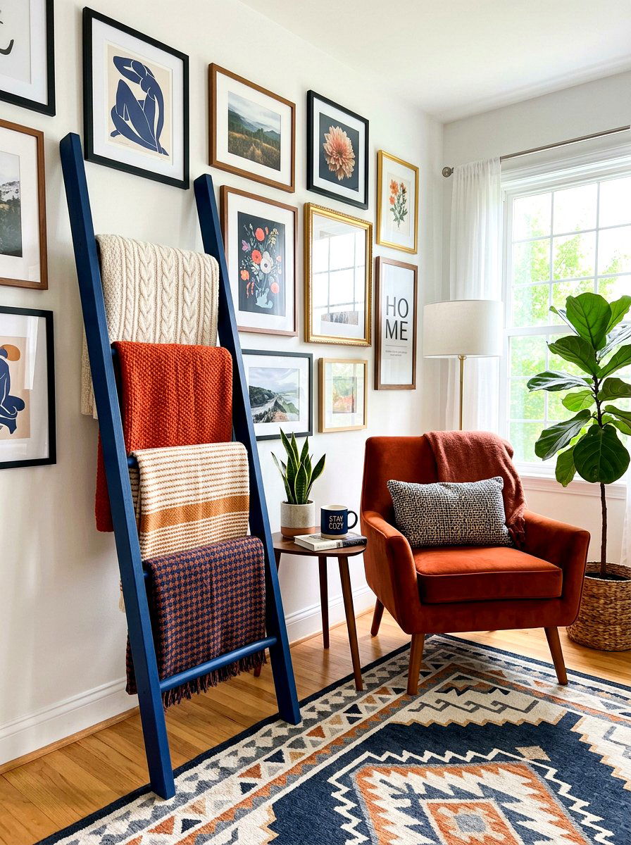 Painted accent blanket ladder - 30 corner ladder blanket ideas
