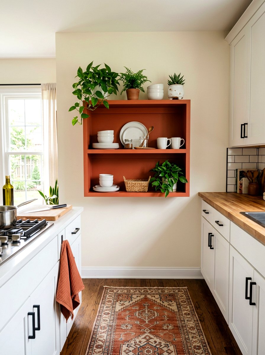 Painted accent shelf - 30 tiny kitchen open shelf ideas