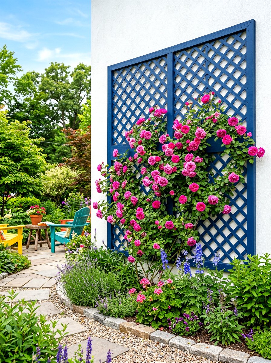 Painted blue lattice accent - 30 lattice privacy ideas