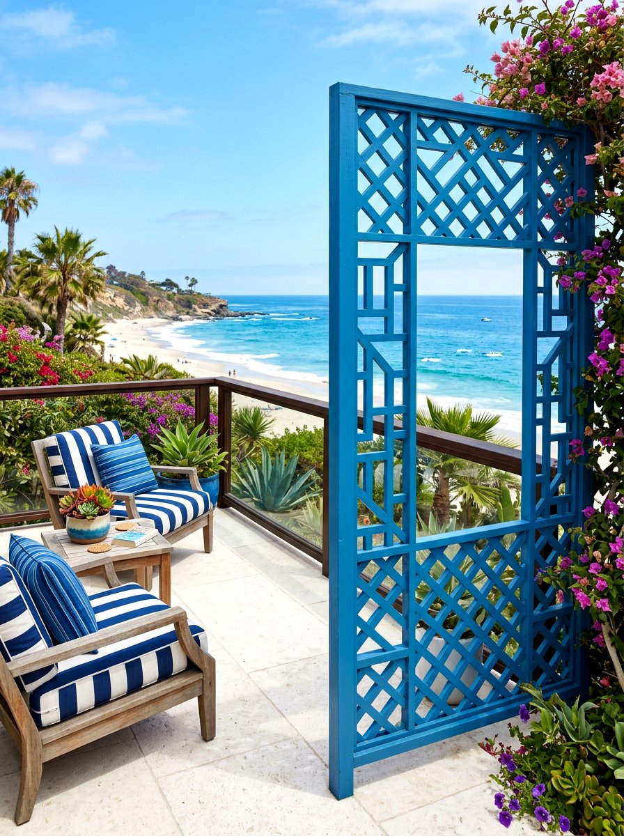 Painted blue lattice - 30 lattice screen patio ideas