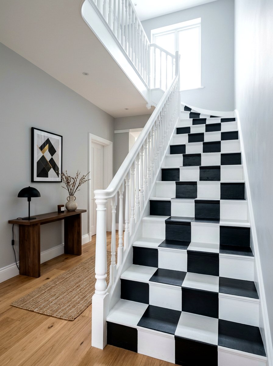 Painted checkerboard wooden stairs - 30 checkerboard decor ideas
