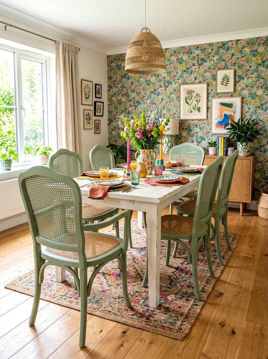 Painted colorful cane chairs - 30 cane dining chair ideas