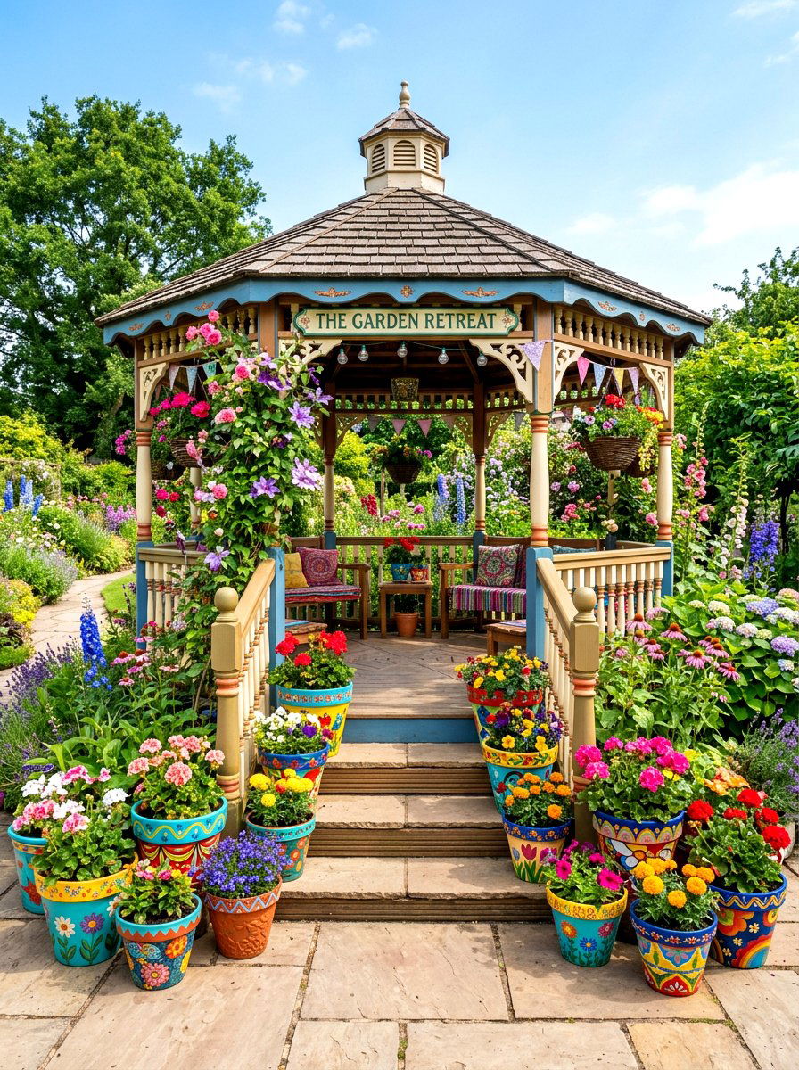 Painted gazebo terracotta pots - 30 gazebo planter ideas
