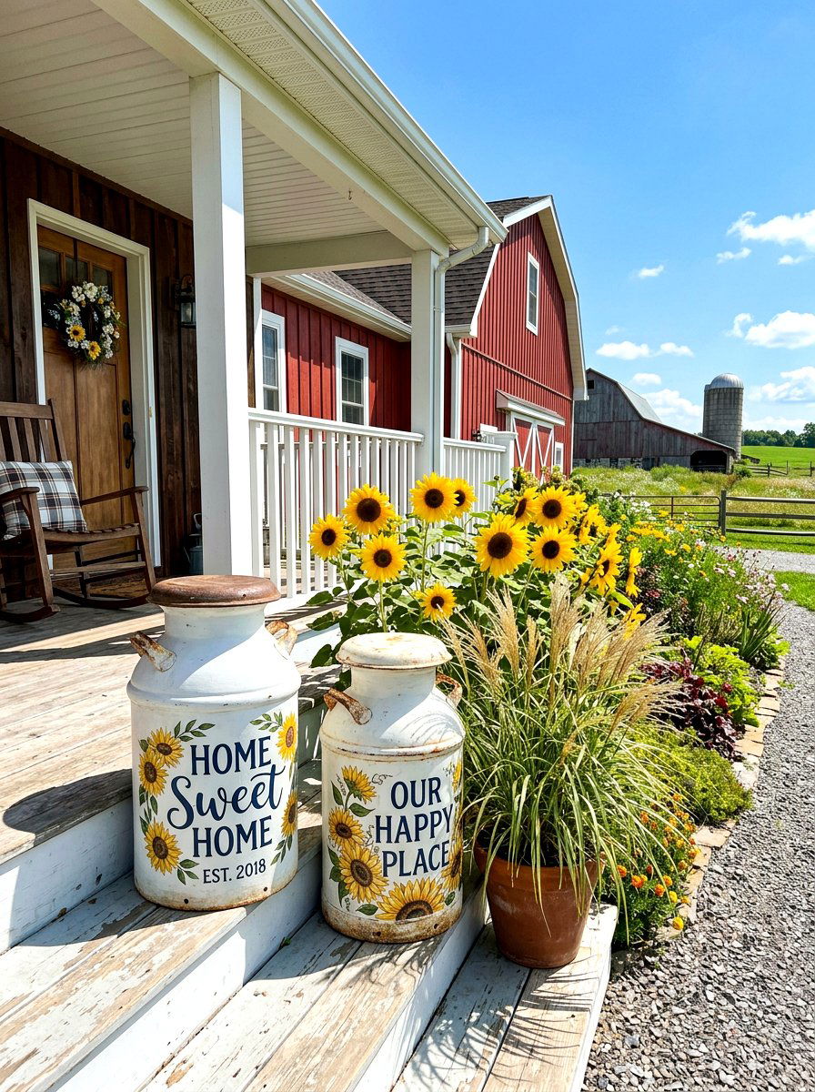 Painted milk cans - 30 porch step planter ideas