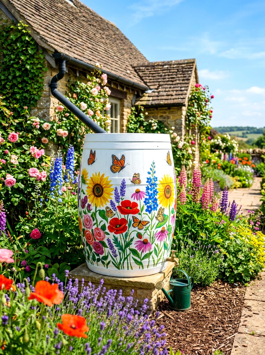 Painted mural garden rain barrel - 30 rain barrel ideas
