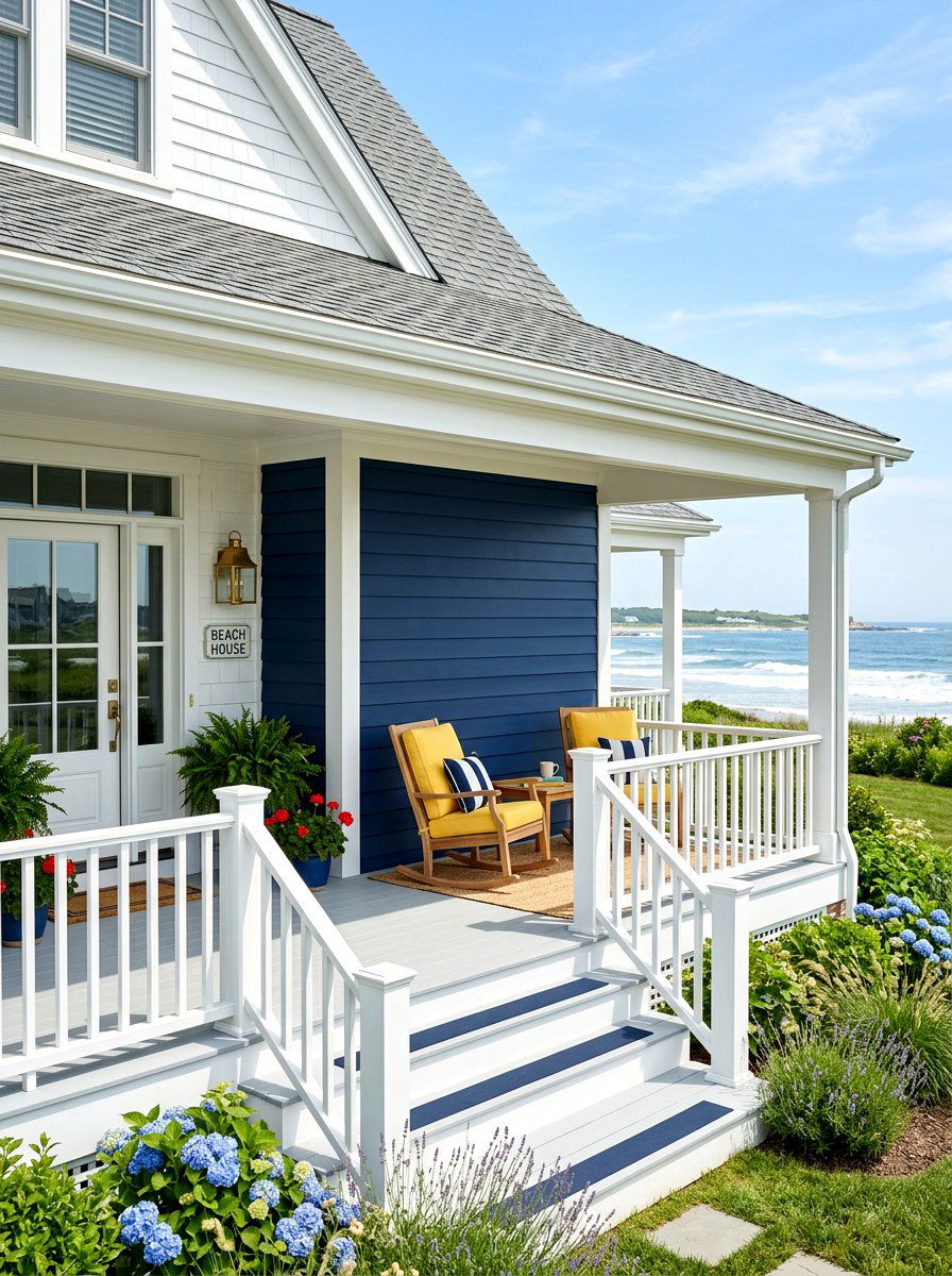 Painted navy porch accent slats - 30 porch slat wall ideas