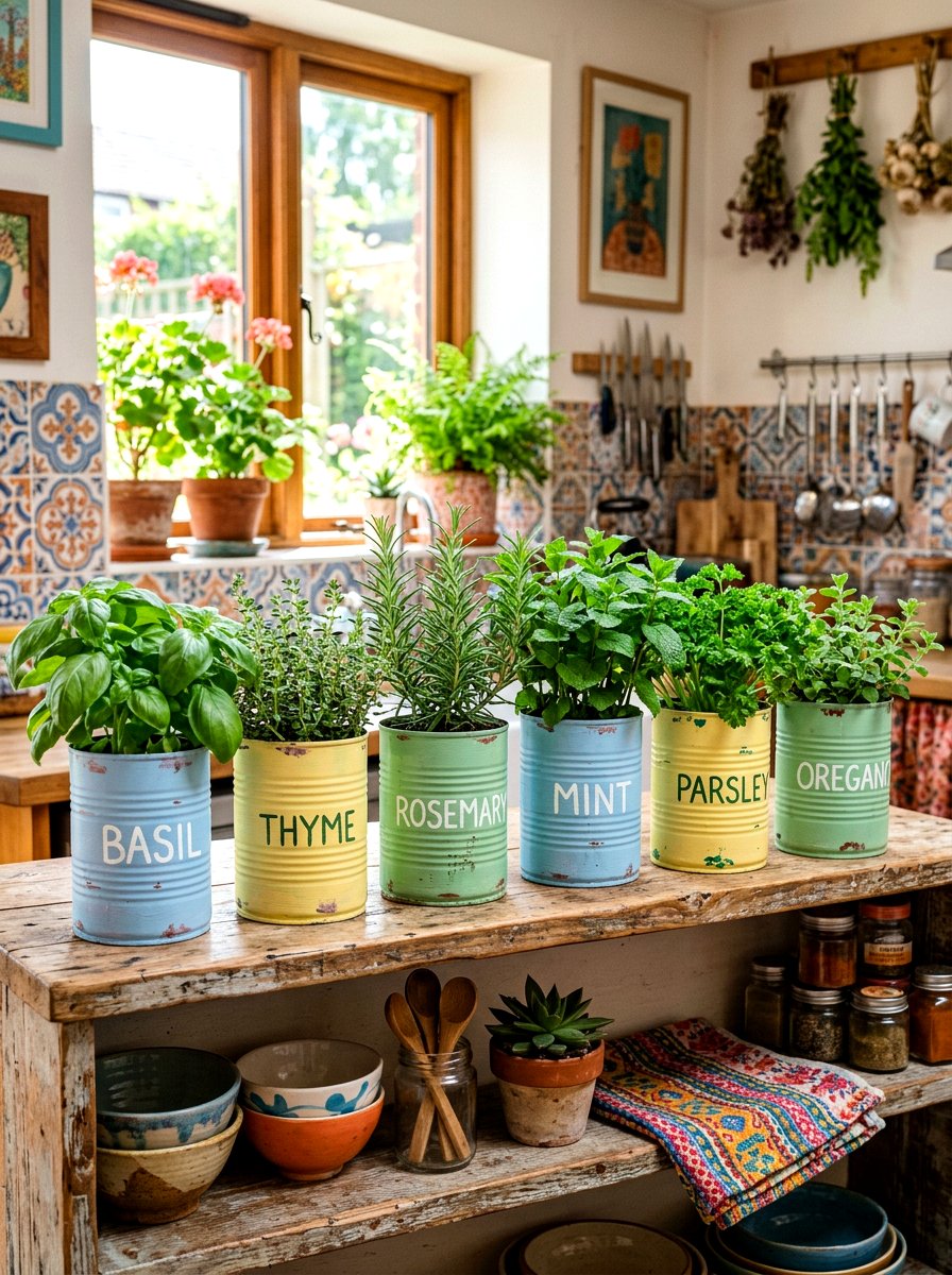 Painted tin cans - 30 herb garden planter ideas