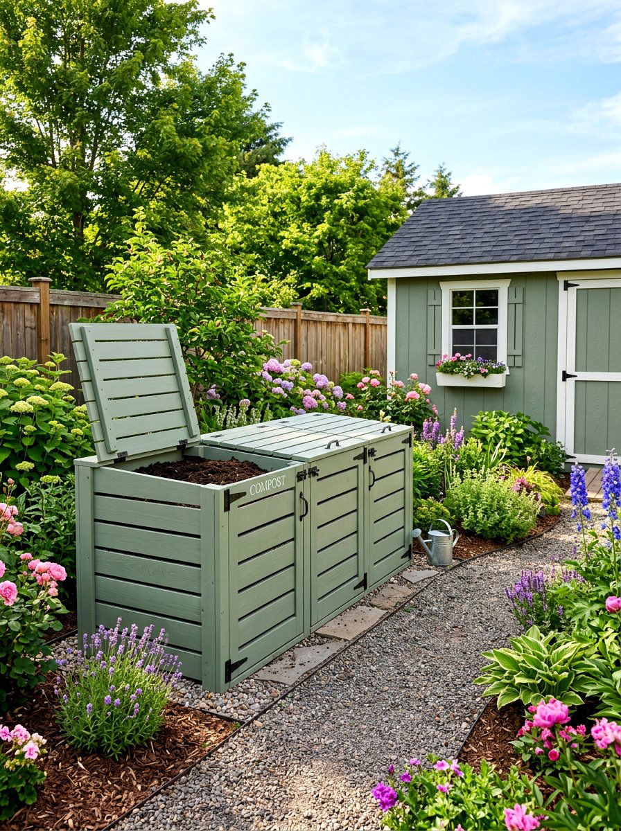 Painted wooden compost bin - 30 compost corner garden ideas