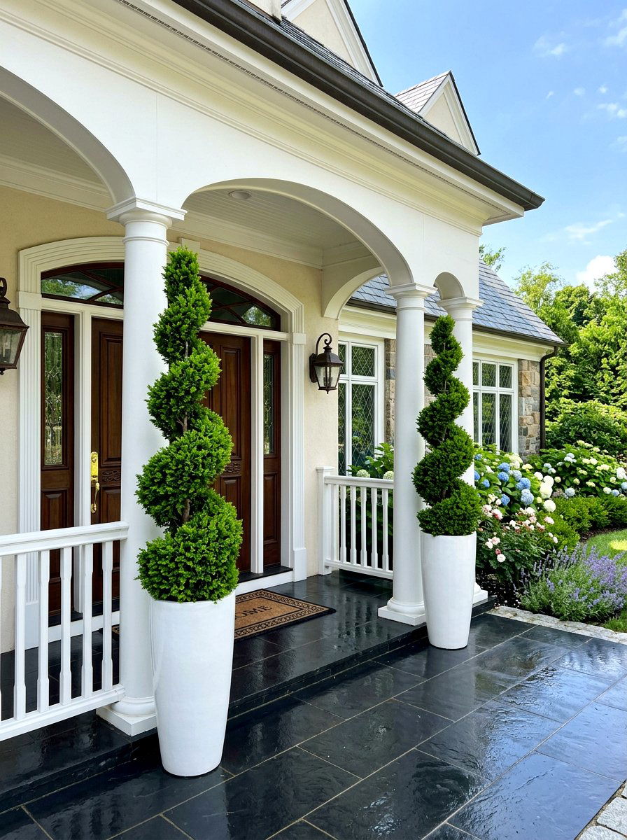 Pair Of Topiary Spirals - 30 front porch symmetry ideas