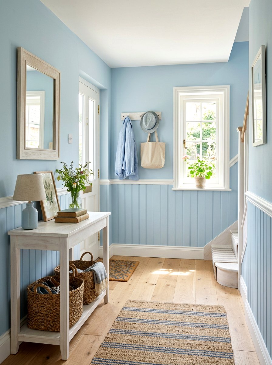 Pale Blue Cottage Entryway - 30 trim drenched foyer ideas