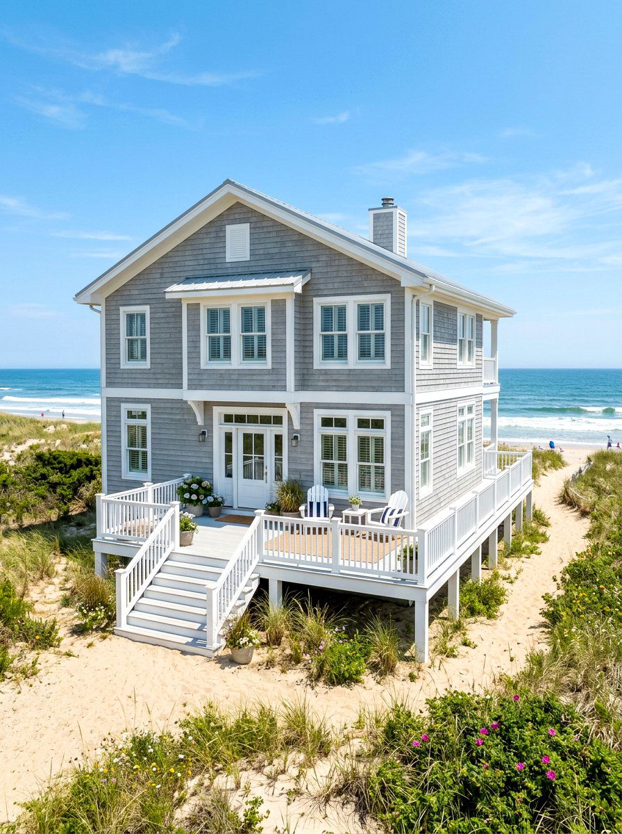 Pale Gray Beach House With White Deck - 30 gray house exterior ideas