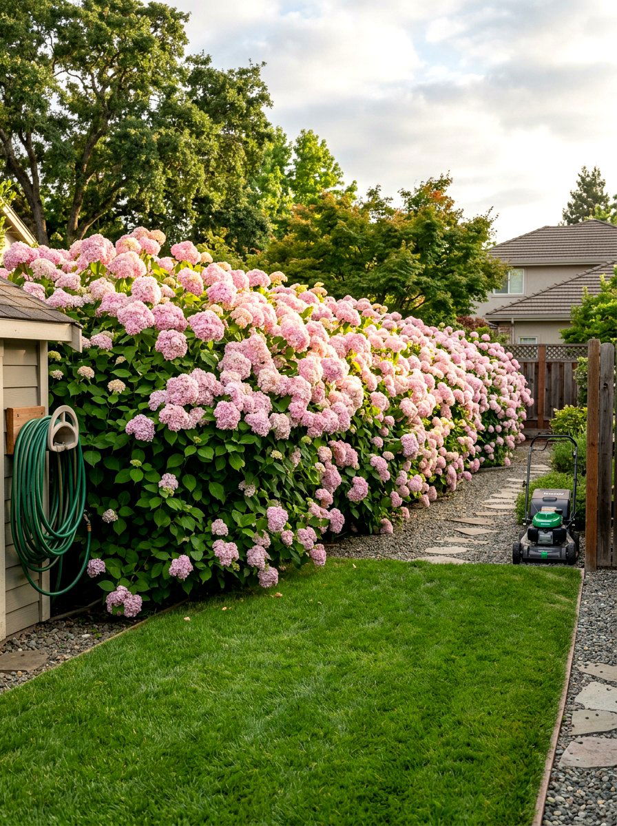 Pale Pink Hydrangea Hedge - 30 pastel flower bed ideas